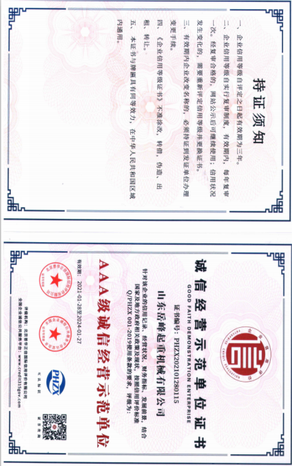 诚信经营示范单位证书